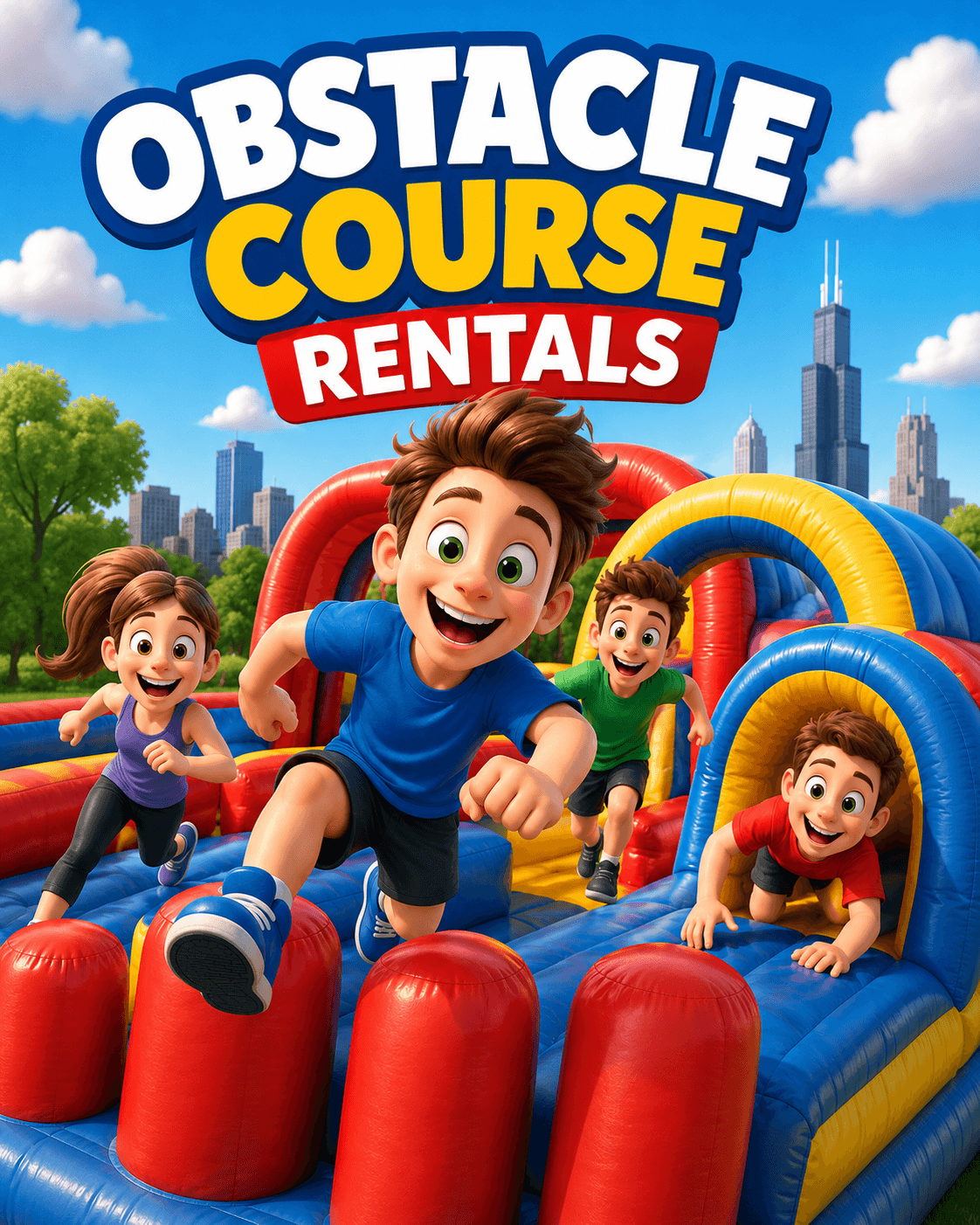 Inflatable obstacle course rentals in Chicago with kids racing through a multi-color course for school events, field days, and family festivals.
